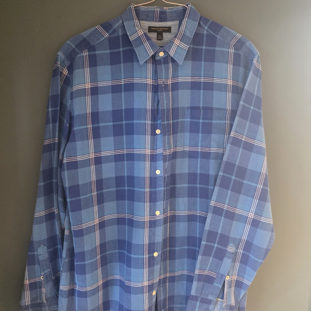 Banana Republic Blue and White Plaid Linen Shirt